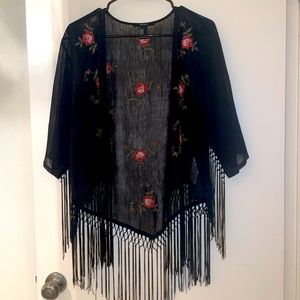 Red Flower fringe Forever 21 Black Kimono Size M